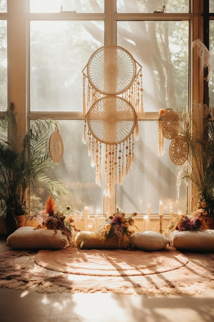 Foto hay muchas almohadas y un ventilador en una habitación generativa ai