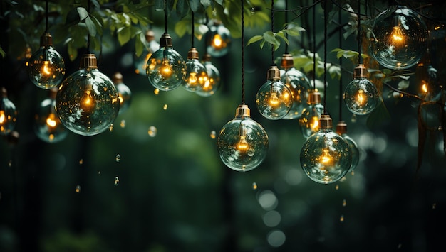 Hay muchas bombillas colgando de una rama del árbol generativa ai