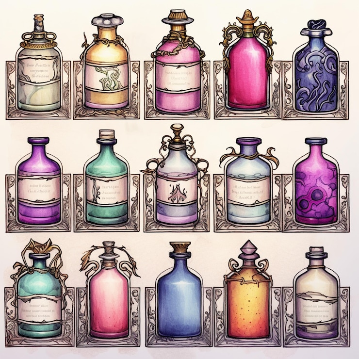Foto hay muchas botellas de diferentes colores en un estante con diseños ornamentados ai generativo