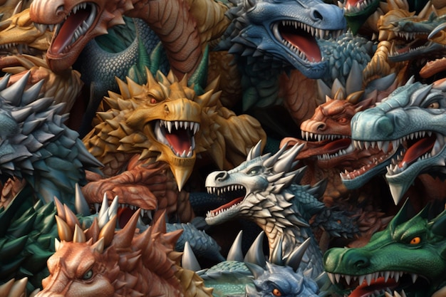 Hay muchas cabezas de dragones de diferentes colores en exhibición juntos generativa ai