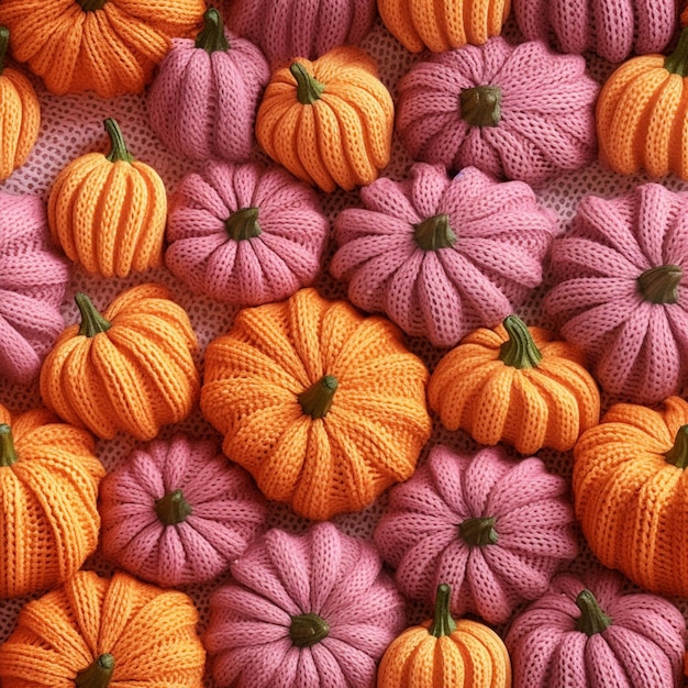 Hay muchas calabazas pequeñas tejidas en una mesa generativa ai