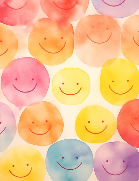 Hay muchas caras sonrientes de diferentes colores en una superficie blanca.