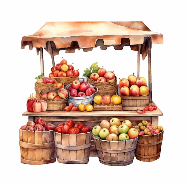 hay muchas cestas de manzanas en el stand con un dosel ai generativo