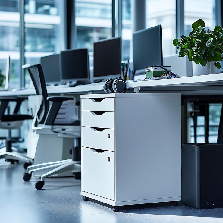 Hay muchas computadoras en el escritorio de esta oficina.