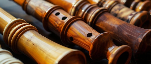 hay muchas flautas de madera alineadas juntas en una mesa generativa ai