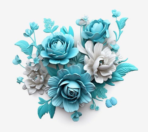 Hay muchas flores azules y blancas en una superficie blanca generativa ai