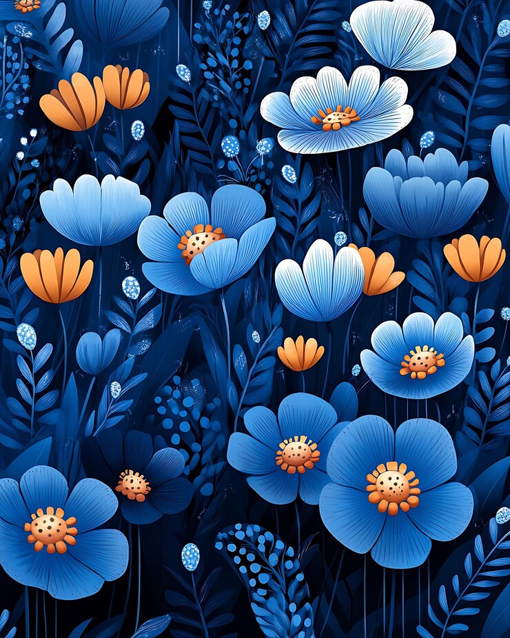 hay muchas flores azules con centros naranjas en el medio