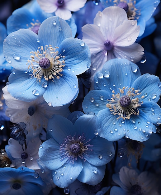 hay muchas flores azules con gotas de agua sobre ellas ai generativa