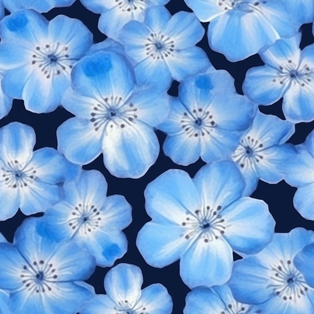 Hay muchas flores azules que están en una superficie negra generativa ai