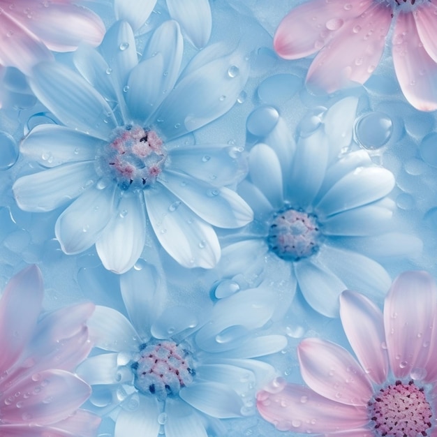 Hay muchas flores azules y rosas con gotas de agua en ellas.