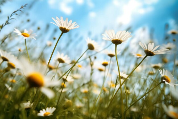 Hay muchas flores blancas y amarillas en un campo generativo ai