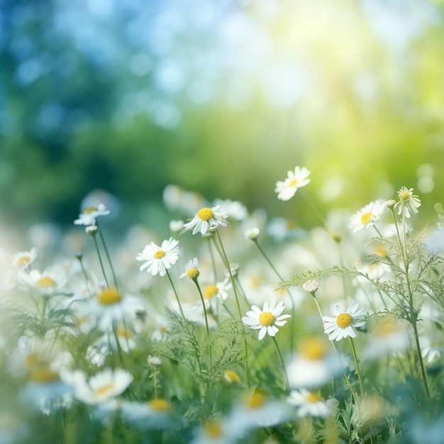 Hay muchas flores blancas en un campo con un sol brillante generativo ai