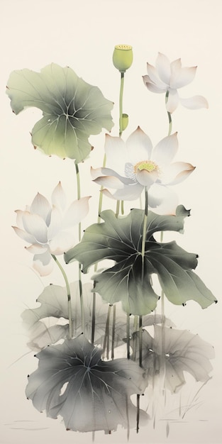 Hay muchas flores blancas y hojas verdes en un jarrón generativo ai