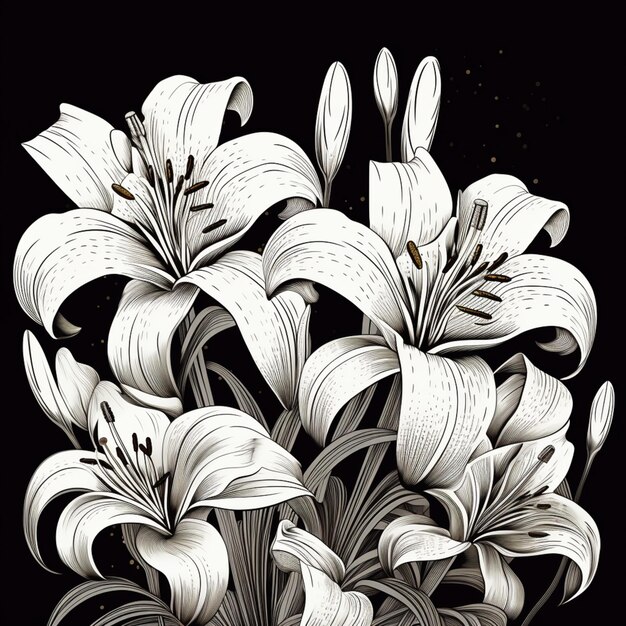 hay muchas flores blancas en un jarrón sobre un fondo negro generativo ai