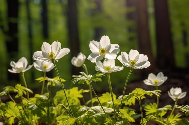 Hay muchas flores blancas en medio de un bosque generativo ai