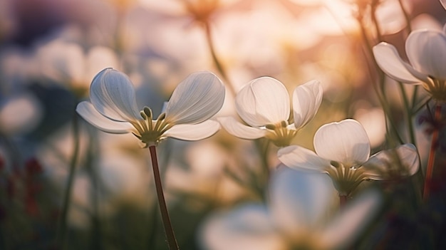 Hay muchas flores blancas que están creciendo en la hierba generativa ai