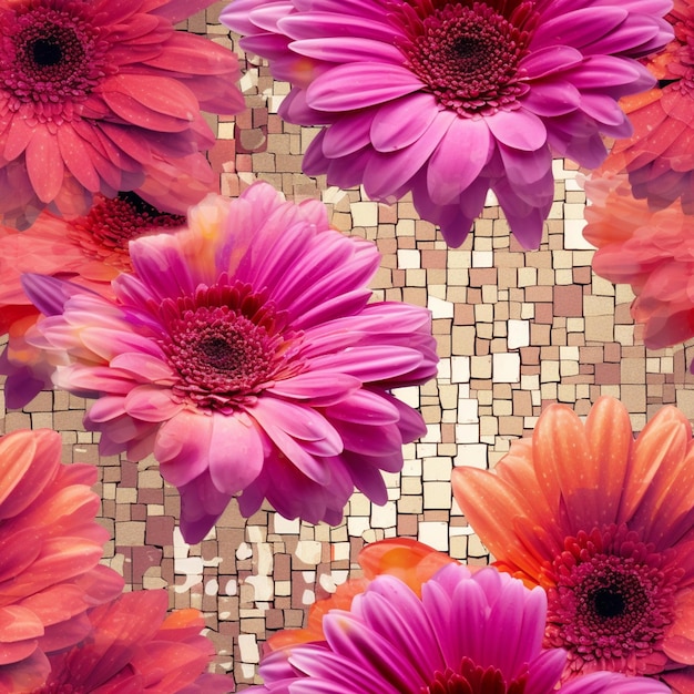 Hay muchas flores de color rosa y naranja en un suelo de baldosas de mosaico ai generativo