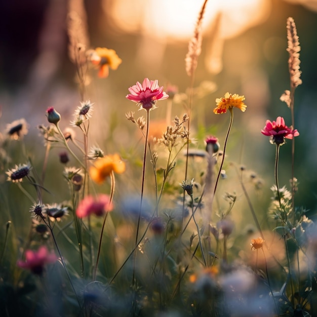 Hay muchas flores diferentes en el campo con la puesta del sol generativo ai