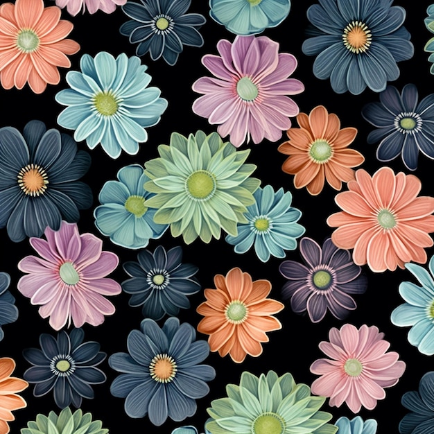 hay muchas flores de diferentes colores en un fondo negro generativo ai