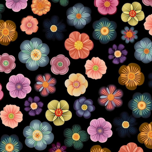 hay muchas flores de diferentes colores en un fondo negro generativo ai