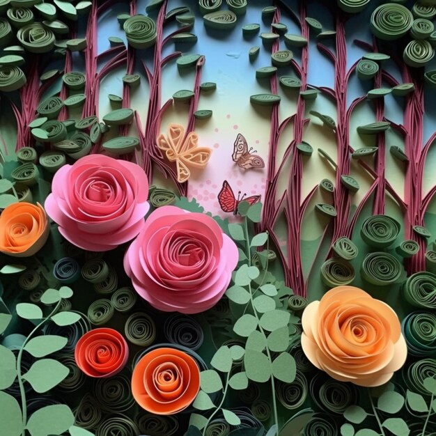 Hay muchas flores de papel de diferentes colores y hojas en la mesa generativa ai