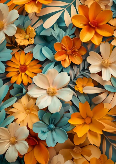 Foto hay muchas flores de papel de diferentes colores en una superficie azul generativa ai