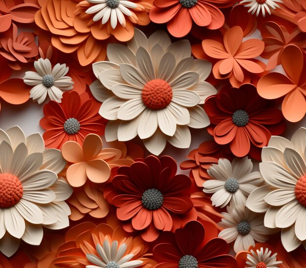 Hay muchas flores de papel dispuestas en una pared generativa ai