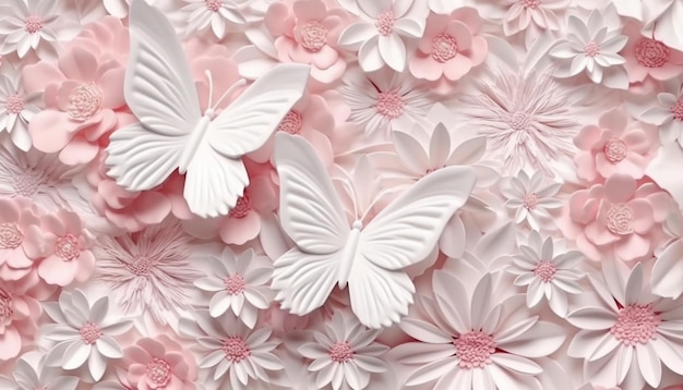 Hay muchas flores de papel y mariposas en la pared generativa ai.