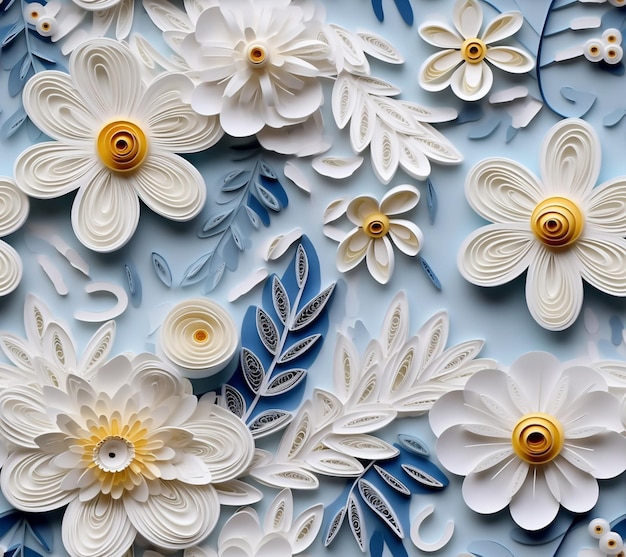 Hay muchas flores de papel que están en una superficie azul generativa ai.