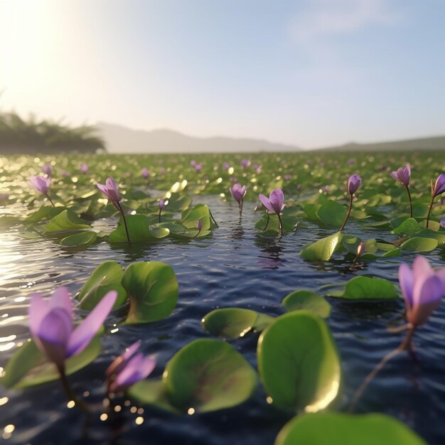 Hay muchas flores púrpuras flotando en el agua en el agua generativa ai