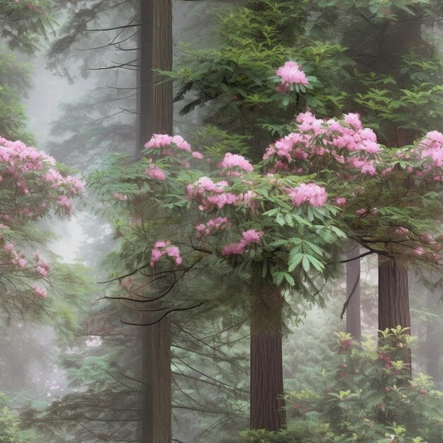 Foto hay muchas flores rosadas que crecen en los árboles en el bosque generativo ai