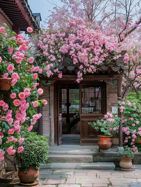 Hay muchas flores rosas creciendo en el lado de un edificio generativo ai