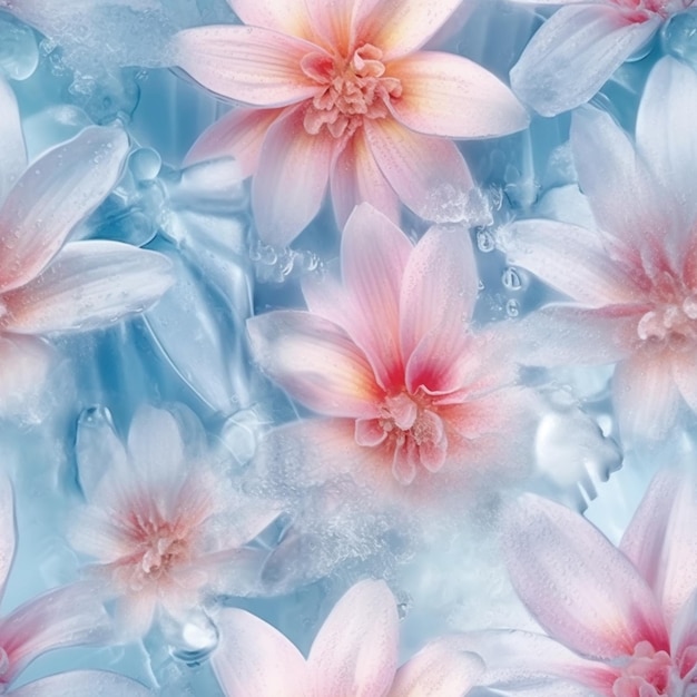 Hay muchas flores rosas en un cuenco azul de agua generativa ai