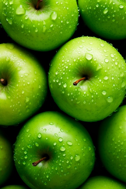 Foto hay muchas frutas húmedas manzanas verdes enfoque selectivo