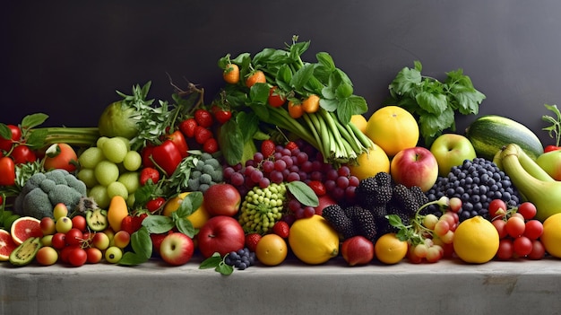 hay muchas frutas y verduras diferentes en una mesa generativa ai