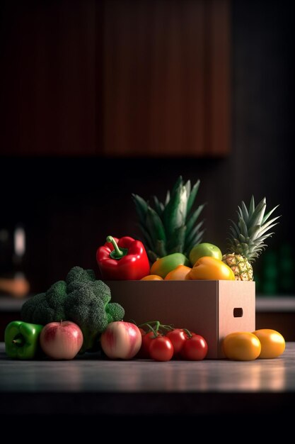 Foto hay muchas frutas y verduras en el mostrador de la cocina generativa ai.