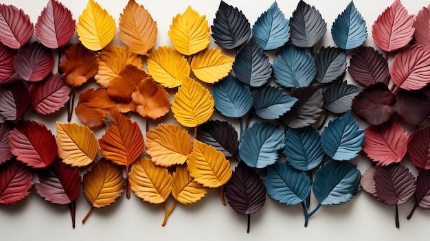 hay muchas hojas de diferentes colores dispuestas sobre una superficie blanca ai generativo