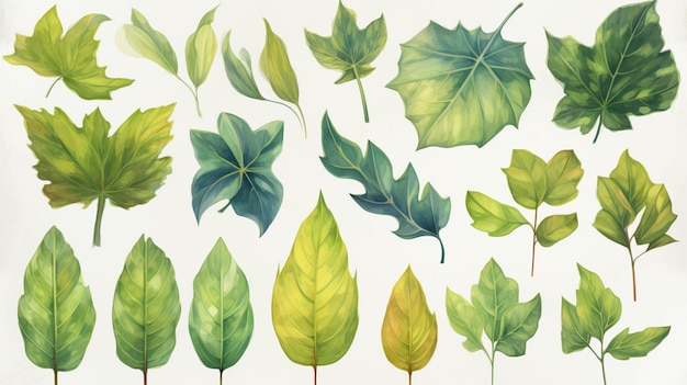 Hay muchas hojas diferentes que están pintadas en una superficie blanca generativa ai