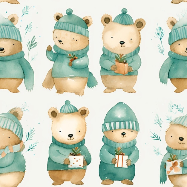Hay muchas imágenes de un oso en ropa de invierno generativa ai