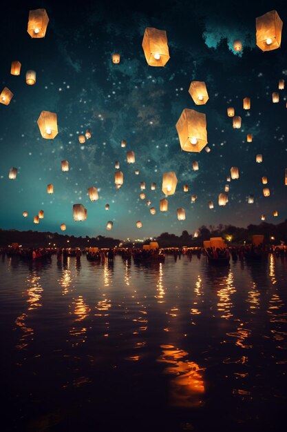 Foto hay muchas linternas flotando en el cielo sobre el agua generativa ai