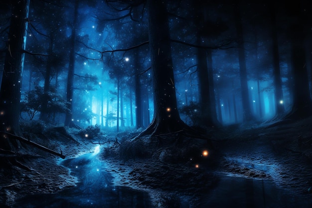 Hay muchas luciérnagas volando en el bosque oscuro por la noche.