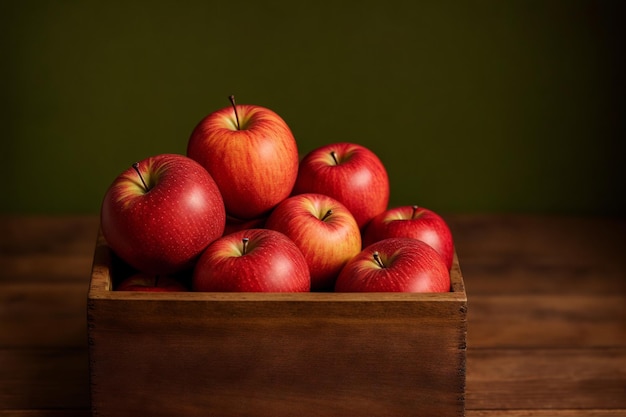 hay muchas manzanas en una caja de madera en una mesa