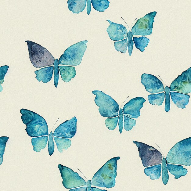 Hay muchas mariposas azules pintadas en una superficie blanca generativa ai