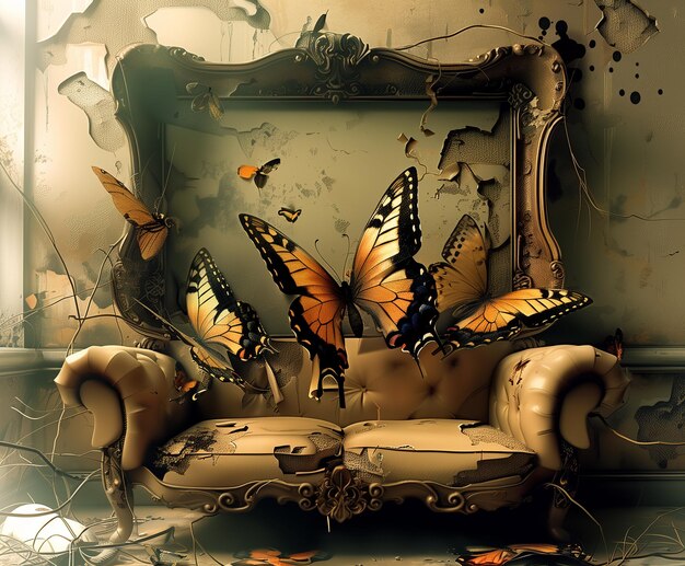 Foto hay muchas mariposas que están sentadas en un sofá generativo ai
