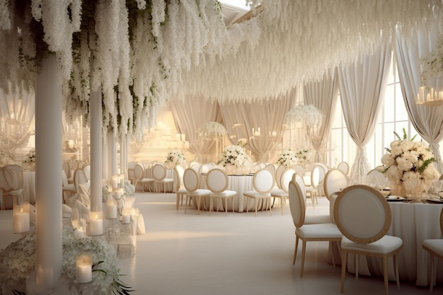 Hay muchas mesas y sillas en esta habitación con flores blancas generativas ai