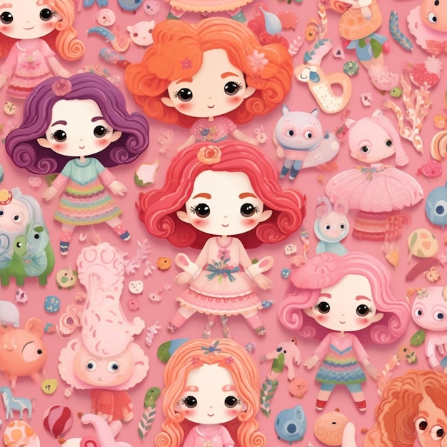 hay muchas muñecas de diferentes colores en un fondo rosa generativo ai