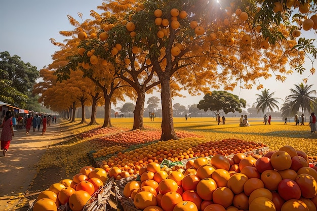 hay muchas naranjas y manzanas en exhibición debajo de un árbol