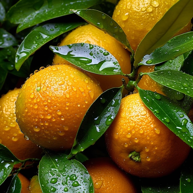 Hay muchas naranjas que están en el árbol con gotas de agua generativa ai