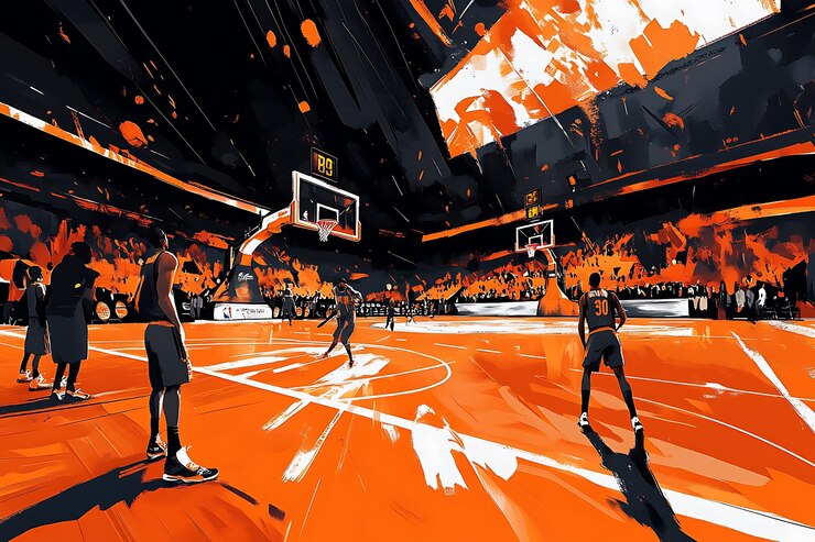 hay muchas personas jugando al baloncesto en una cancha con pintura naranja