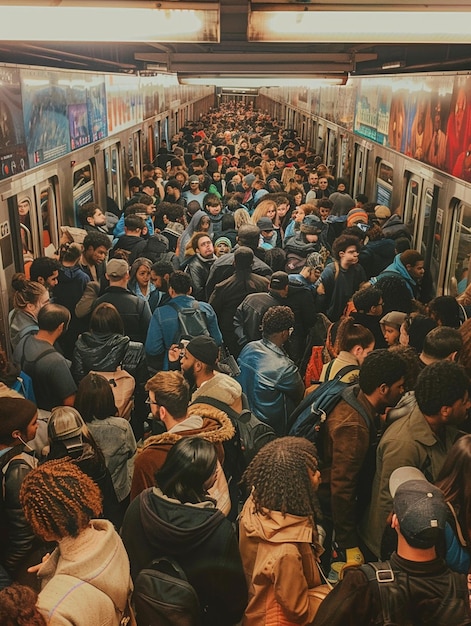 Hay muchas personas de pie en un metro lleno de gente.